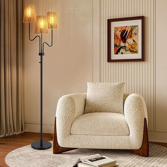 9MMML Farmhouse Boho Dimmable Floor Lamp with Rattan Shade, 68'' Tall Floor Standing Lamp, 3-Light Floor Lamp for Living Room, Bedroom, Office, Corner, 3 x E26 LED Bulb Included