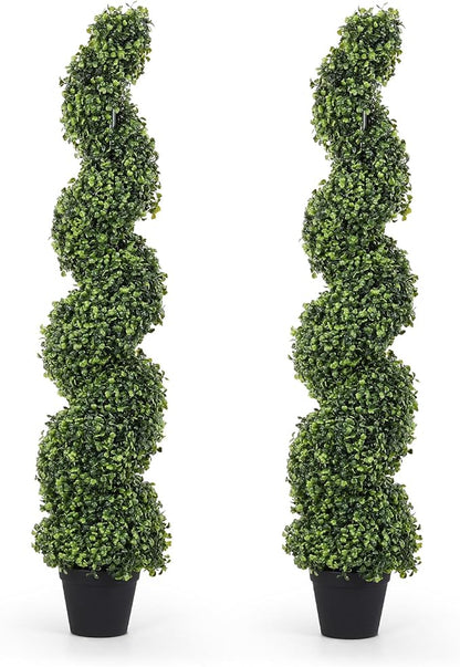 THE BLOOM TIMES 4ft Tall Spiral Topiary Trees Artificial Outdoor Set of 2, 48 Inch UV Resistant Large Faux Evergreen Fake Boxwood Plants for Front Porch Outside Planter Entryway Entrance Decor 4 Foot