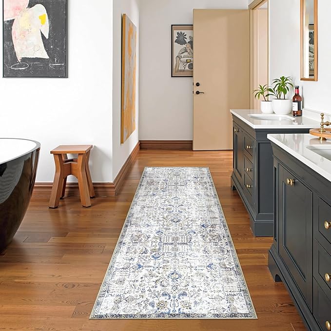 jinchan Runner Rug 2x7 Washable Hallway Rug Vintage Indoor Thin Retro Floor Cover Distressed Floral Country Lightweight Non Slip Carpet for Entryway Bathroom Kitchen Bedroom Living Room Stairway Blue