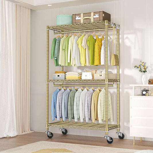 P3 Rolling Clothes Rack, Clothing Racks for Hanging Clothes, Heavy Duty Garment Rack with Wheels, Freestanding Portable Closet Organizer 39.4'' W x 14'' D x 78.5'' H, Max Load 464 LBS, Gold
