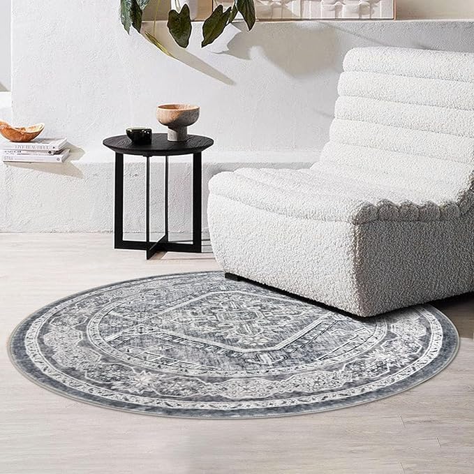 KUTA Oriental Round Rug 3ft, Grey Washable Boho Circle Indoor Area Rugs, Non-Slip Vintage Medallion Foyer Carpet for Entryway Farmhouse Kitchen Dining Room Table