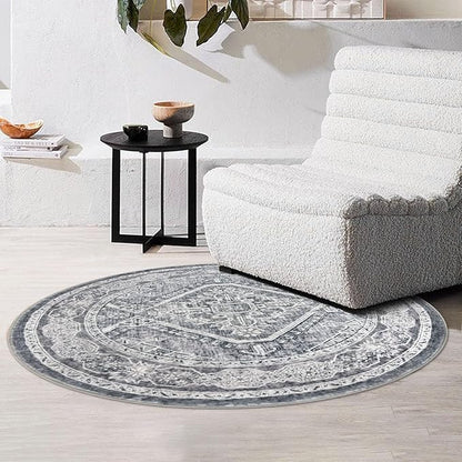 KUTA Oriental Round Rug 3ft, Grey Washable Boho Circle Indoor Area Rugs, Non-Slip Vintage Medallion Foyer Carpet for Entryway Farmhouse Kitchen Dining Room Table