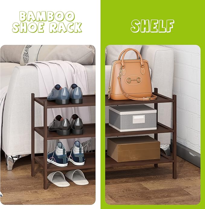 BMOSU 3-Tier Bamboo Shoe Rack Premium Stackable Shoe Shelf Storage Organizer for Hallway Closet Living Room Entryway Organizer(Brown)
