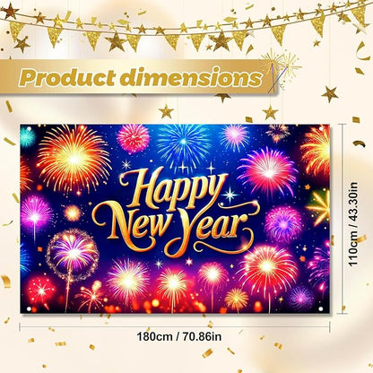 Happy New Year Banner 2026 71 x 43 Inch Fireworks Photo Backdrop Colorful New Year Eve Party Wall Decoration Banner for Indoor Outdoor Celebration Home Event Decor
