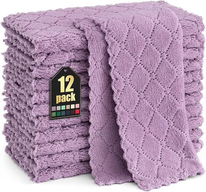 Homaxy 12 Pack Kitchen Dish Cloths (10 x 10 Inches, Purple), Super Soft and Absorbent Coral Velvet Dish Towels, Nonstick Oil Fast Drying Microfiber Cleaning Cloth, No Lint Household Dishcloths