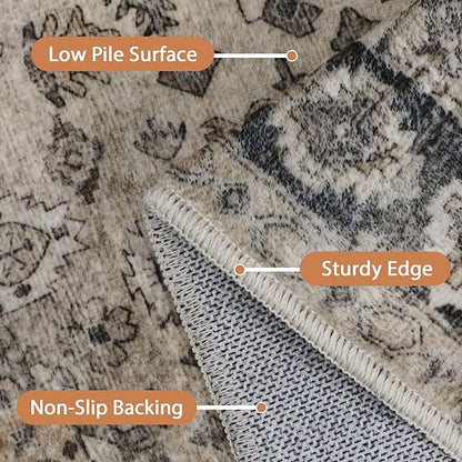 GENIMO Machine Washable 8x10 Area Rugs for Living Room, Non Slip Vintage Rugs, Low Pile Lightweight Chenille Print Rug for Bedroom, Dining Room, Home Office, Oatmeal Gray