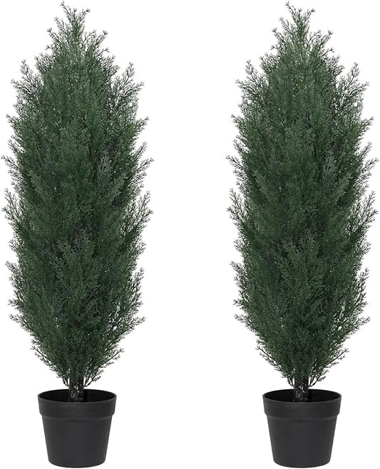 THE BLOOM TIMES 3ft Topiary Trees Artificial Outdoor Set of 2, UV Resistant Faux Cedar Pine Cypress Bushes & Shrubs, Fake Plants for Front Porch Outside Planter Patio Christmas Decor 3 Foot Tall