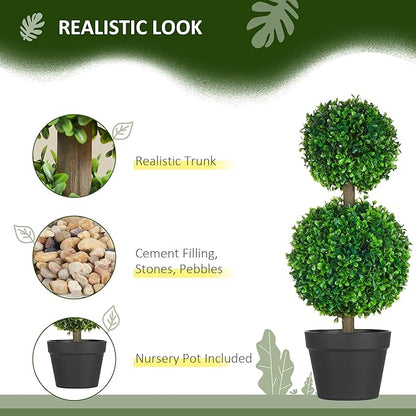 HOMCOM Set of 2 23.6" Artificial Ball Boxwood Topiary Trees with Pot, Indoor Outdoor Fake Plants for Home Office & Living Room Decor