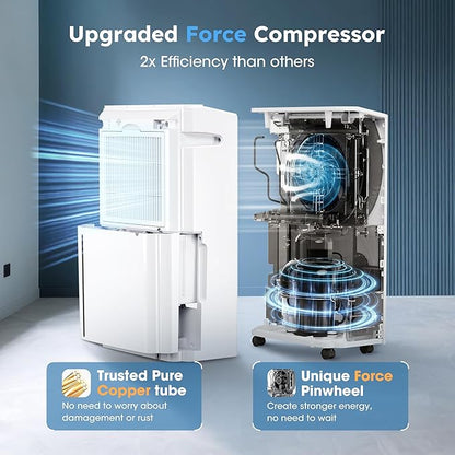 6,500 Sq. Ft Dehumidifier for Basement With Reusable Air Filter 60 Pint - Auto Drain or Manual Drainage, Auto Defrost, Ideal for Home, Bathrooms, Large & Medium Sized Rooms (White)