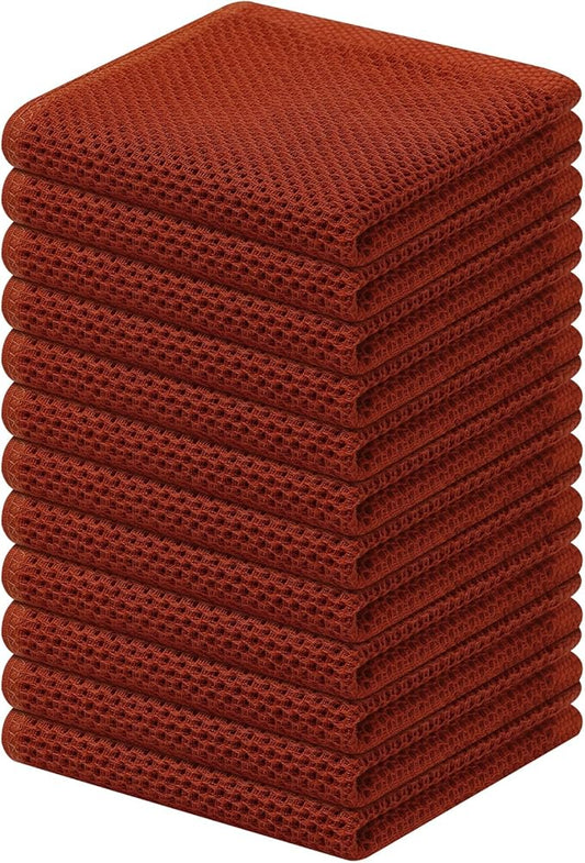 Kitinjoy 100% Cotton Kitchen Dish Cloths, 12 Pack Waffle Weave Ultra Soft Absorbent Dish Towels for Drying Dishes Quick Drying Kitchen Towels Dish Rags, 12 X 12Inch, Rust