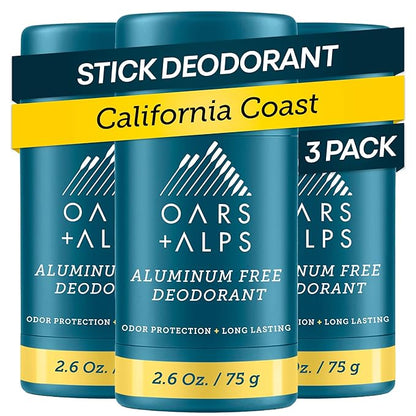 Oars + Alps Aluminum Free Deodorant for Men and Women, Dermatologist Tested and Made with Clean Ingredients, Travel Size, California Coast, 3 Pack, 2.6 Oz Each