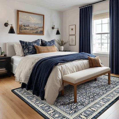 Washable 5x8 Area Rugs, Floral Moroccan Trellis Classic Boho Carpet for Living Room Bedroom, Low Pile Thin Rug with Rubber Backing Non Slip Machine Washable for Dining Room Office, Dark Blue