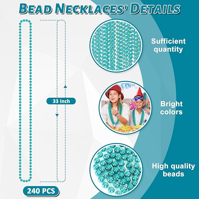 240PCS Mardi Gras Beads, Teal Blue Bead Necklace Party Favors, 33" Mardi Gras Necklace Stuff, Festival Parade Throw Accessories for Wedding Birthday Gender Reveal Party Supplies Decor
