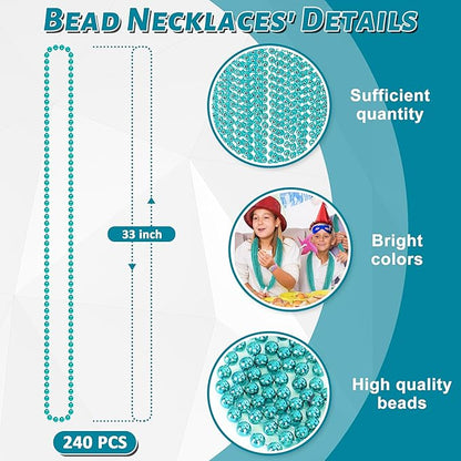 240PCS Mardi Gras Beads, Teal Blue Bead Necklace Party Favors, 33" Mardi Gras Necklace Stuff, Festival Parade Throw Accessories for Wedding Birthday Gender Reveal Party Supplies Decor