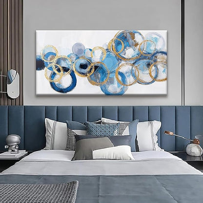 Suconvng Large Abstract Wall Art For Living Room Modern Canvas Decorations Maximalist Blue Gold Circle Canvas Wall Art Decor Prints Artwork Bedroom Kitchen Office Home Wall Artwork 29" × 58"