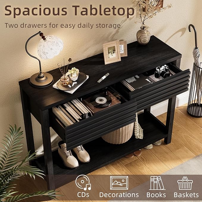 BREEZEHEAT 40" Fluted Console Table with 2 Drawers, Modern Wood 2 Tier Entryway Table with Storage Shelf, Narrow Sofa Table Behind Couch Accent Table for Entrance Foyer, Hallway, Living Room, Black