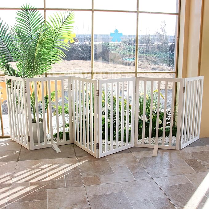 Dog Gate Indoor, Freestanding Dog Fence for The House, Doorways, Hallways,or Stairs,Pet Gate Foldable Wooden,Expandable 32" Height 6 Panels,White