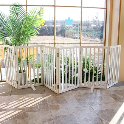 Dog Gate Indoor, Freestanding Dog Fence for The House, Doorways, Hallways,or Stairs,Pet Gate Foldable Wooden,Expandable 32" Height 6 Panels,White