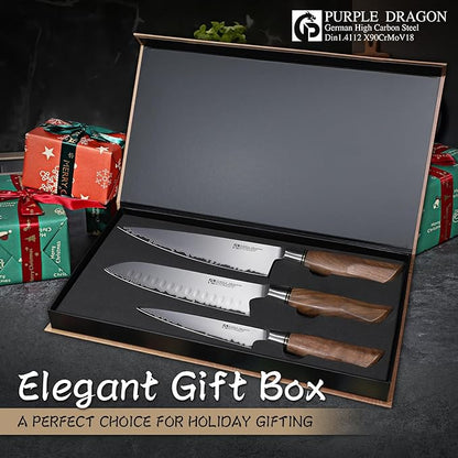 Purple Dragon Knife Set, 3Pcs Kitchen Knives Set, German VG10 Steel Japanese Chef Knife 7.8 Inch Santoku Knife 7 Inch Utility Knife 5.1 Inch, Razor-Sharp Knives with Gift Box
