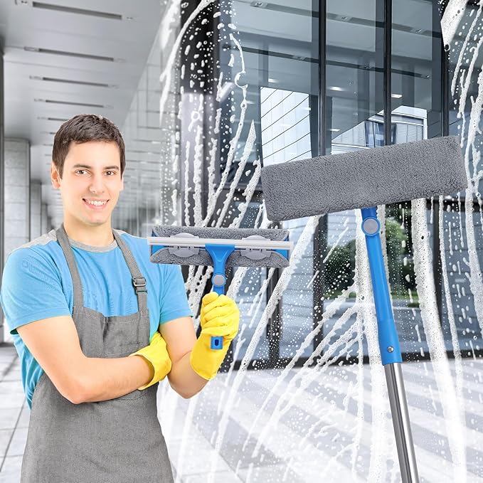 15 Feet High Reach Window Squeegee with Extension Pole(10Ft), 2-in-1 Window Cleaner Tool, Window Washing Kit, Long Window Cleaning Equipment for High Indoor Outdoor Windows Car RV Windshield