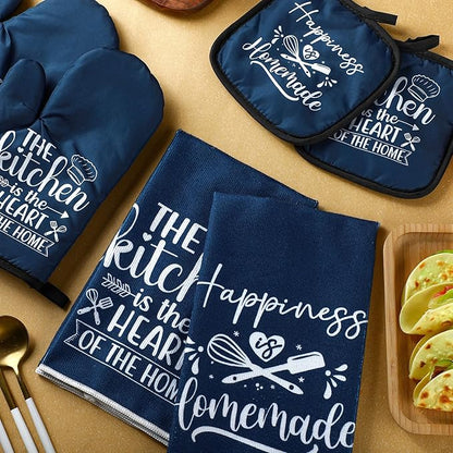 Sratte 6 Pcs Kitchen Decor Accessories Set Farmhouse Towels Pot Holders Oven Mitts Set 2 Dish Towels 2 Potholders 2 Cooking Mittens Oven Glove for Christmas Baking Cooking Supply(Blue,Kitchen)
