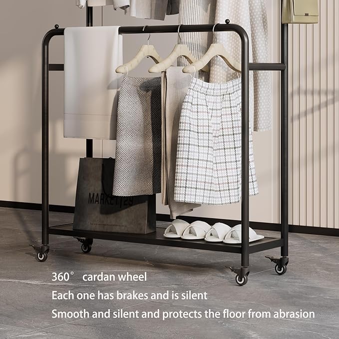 Sturdy Metal Double Rods Clothes Rack With Wheels, Rolling Clothing Rack With Shelves & Hooks, Heavy Duty Garment Racks for Hanging Clothes, Multi-Functional Closet Rack for Bedroom