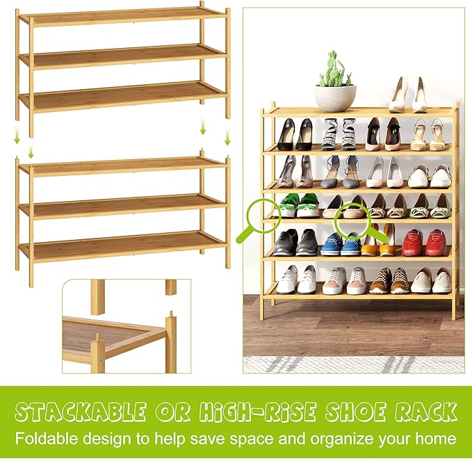 BMOSU 3-Tier Bamboo Extended Shoe Rack Premium Stackable Shoe Shelf Storage Organizer for Hallway Closet Living Room Entryway Organizer(Natural)