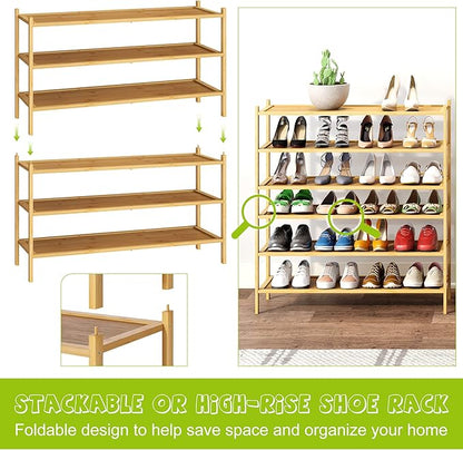 BMOSU 3-Tier Bamboo Extended Shoe Rack Premium Stackable Shoe Shelf Storage Organizer for Hallway Closet Living Room Entryway Organizer(Natural)