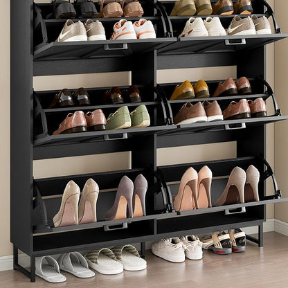Shoe Cabinet with 6 Flip Drawers Narrow Shoe Storage Cabinet Organizer Wooden Freestanding Shoe Rack Hidden Slim Shoes Storage Cabinet for Entryway, Hallway, Living Room, Bedroom
