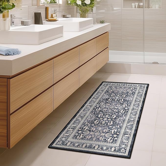 Dark Blue 2x4 Entryway Rug, Transitional Floral Trellis Door Mat Indoor Entrance Entry Way, Washable Non Slip Low Pile Thin Small Runner Rug for Kitchen Floor Sink Area Bathroom Bedside