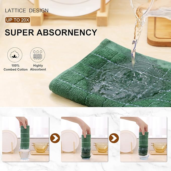 Mordimy 100% Cotton Terry Cloth Kitchen Towels, Super Soft and Absorbent Dish Towels for Drying, Checkered Designed Hand Towels for Kitchen, 16 x 26 Inches, 8 Pack, Grass Green