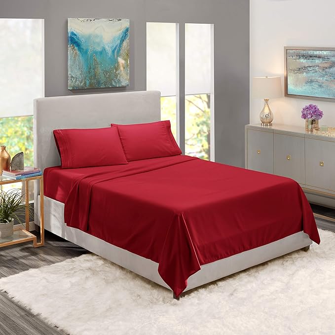 Nestl Short Queen Sheet Set - 1800 Ultra-Soft Microfiber - Double Brushed - Deep Pockets - Easy Fit - 4 Piece Set - Bed Sheets (Short Queen, Burgundy Red)