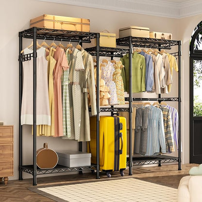 Heavy Duty Garment Rack Clothes Rack,Large Metal Closet Organizer System Storage Wardrobe,Freestanding Clothing Rack with 7 Adjustable Wire Shelves&2 Hang Rods,MaxLoad 1000lbs