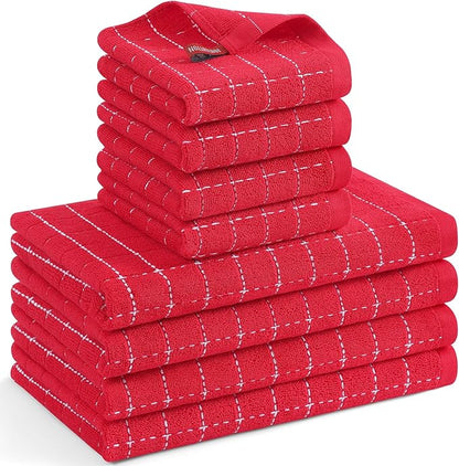 Mordimy 100% Cotton Terrycloth Kitchen Towels and Dishcloths Sets, Soft and Absorbent Checkered Dish Towels, Quick Drying Dish Rags for Washing Dishes, 4 Pack 16" x 26" & 4 Pack 12" x 12", Red