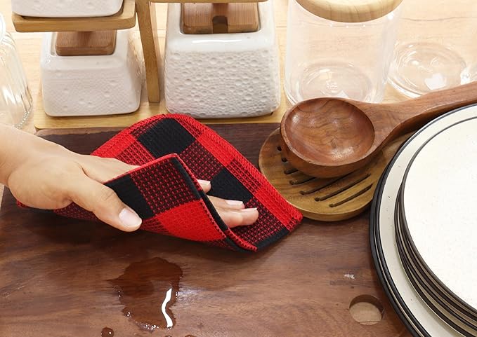 Waffle Weave Plaid Dish Cloths, 100% Cotton - 12 x 12 Inches, Ultra Soft Absorbent Quick Drying Dish Towels Buffalo Check Dish Rags for Kitchen, 8 Pack - Fall Thanksgiving - Red & Black