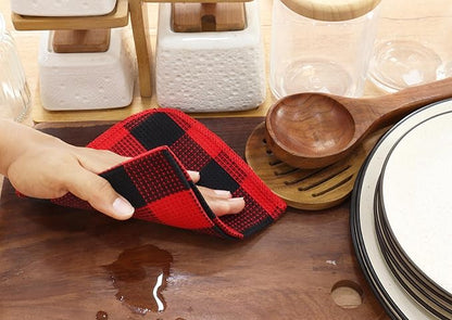 Waffle Weave Plaid Dish Cloths, 100% Cotton - 12 x 12 Inches, Ultra Soft Absorbent Quick Drying Dish Towels Buffalo Check Dish Rags for Kitchen, 8 Pack - Fall Thanksgiving - Red & Black