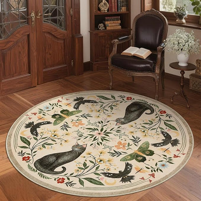GarveeHome Round Area Rugs 5ft for Bedroom, Cat Beige Washable Circle Rug Soft Non Slip Mushroom Floral Floor Mat Carpet Indoor Thin Rug for Bedroom Dining Room Playroom Nursery Gothic Decor