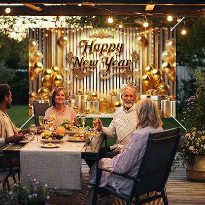 Happy New Year Banner 2026 71 x 43 Inch Gold New Year Party Decoration Photo Backdrop for Celebration Holiday Party Decor Wall Hanging Indoor Outdoor Event