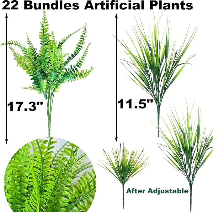 22 Bundles Artificial Plants Outdoor, Fake Plants UV Resistant Artificial Boston Ferns Faux Plants Plastic Greenery, Realistic Artificial Fake Outdoor Flowers for Home Porch Garden Window Box