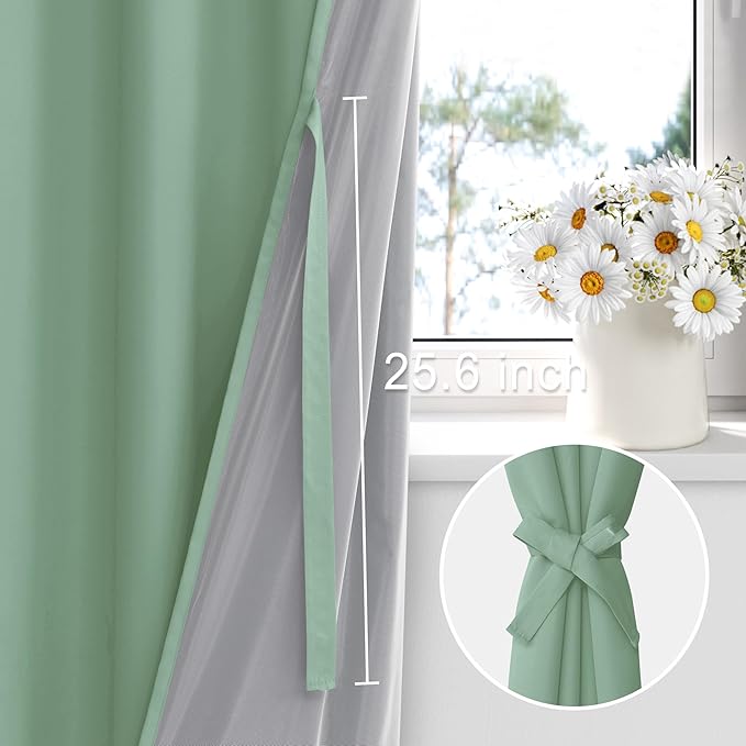 XWZO 100% Blackout Curtains 2 Panels with Tiebacks- Double Layers Heat and Full Light Blocking Window Panels with Grommets for Narrow Short Windows, Light Sage, W38 x L45, Set of 2