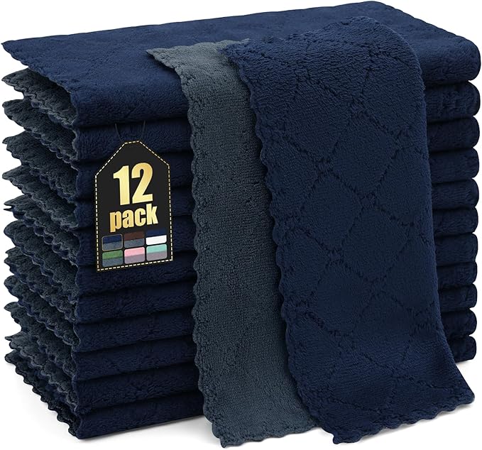 Homaxy 12 Pack Kitchen Cloths Dish Towels (10" x 10", Dark Grey & Navy Blue), Super Soft and Absorbent Dish Cloths, Coral Velvet Microfiber Cleaning Cloth, Nonstick Oil Fast Dry Dishcloths