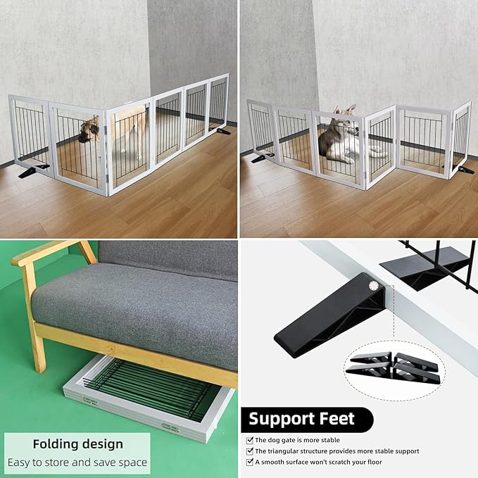 ZJSF Freestanding Dog Gate Indoor, Foldable Dog Fence for Doorways,Hallways or Stairs, Sturdy Wood Extra Wide Pet Gate with Support Feet,Grey,32 "Height-6 Panels