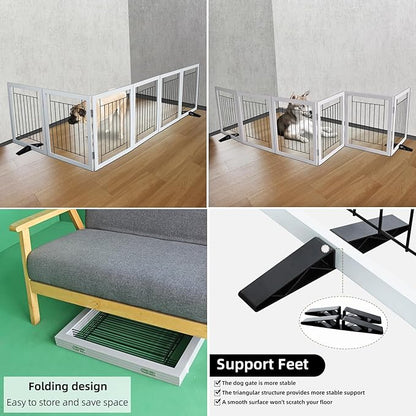 ZJSF Freestanding Dog Gate Indoor, Foldable Dog Fence for Doorways,Hallways or Stairs, Sturdy Wood Extra Wide Pet Gate with Support Feet,Grey,32 "Height-6 Panels