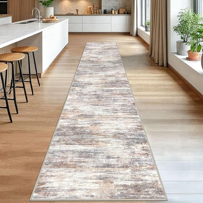 KOZYFLY Modern Abstract Washable Rug Runner 2.6x16 Hallway Rug Runner Non-Slip Soft Kitchen Runner Rugs, Multi Grey Striped Carpet for Stair Entryway Bathroom Laundry Room Foyer