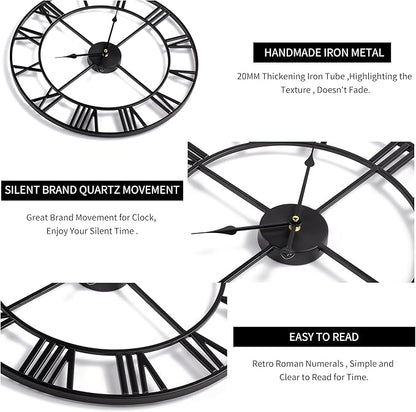LEIKE Large Wall Clock, 24" Completely Silent, Non Ticking, Battery-Operated,Rustic Round Modern Metal Wall Clock Decor for Living Room, Bedroom and Kitchen, (60cm, Black-Roman Number)