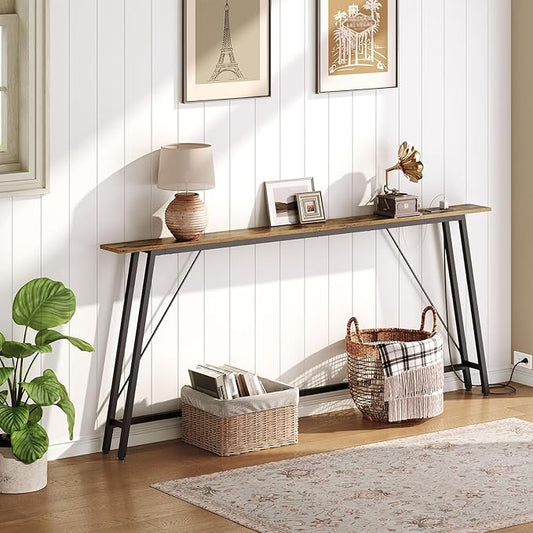 78.7" Couch Table Behind Sofa, Narrow Console Table with Outlet, Skinny Sofa Tables Narrow Long, Long Entryway Tables for Hallway, Entryway, Living Room, Rustic Brown and Black CT205UBR