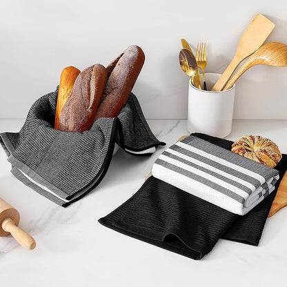 Homaxy Premium Kitchen Towels(18”x 28”, 12 Pack), Large Cotton 380 GSM Kitchen Hand Towels, Soft and Absorbent Terry Dish Towels, Multipurpose Tea Towel Set with Hanging Loop, Black