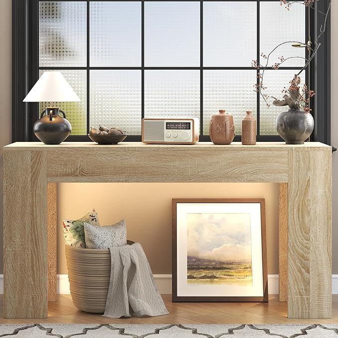 63-Inch Long Console Table with LED Light, Farmhouse Sofa Table Behind Couch, Wooden Console Table for Entryway Hallway Entrance Living Room, Nature