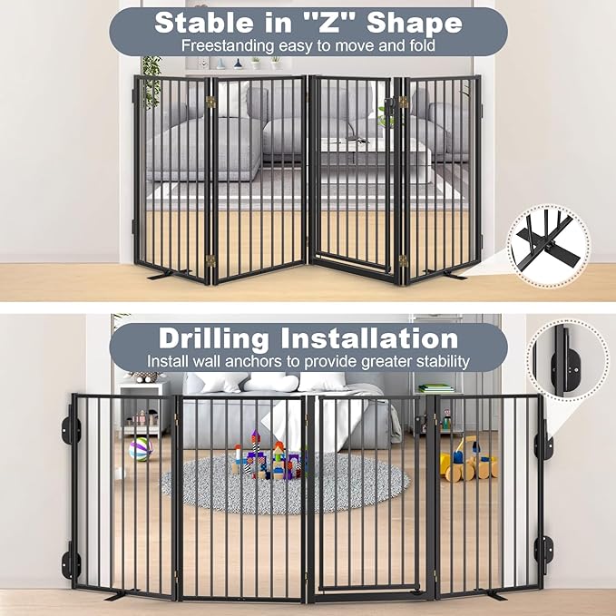 Metal Freestanding Dog Gates with Door for Outdoor Indoor,80'' Extra Wide 24'' Tall Free Standing Dog Gate for Doorways,Large Openings,Deck,Yard,Porch,Foldable Safety Pet Fence(Black,4 Panels)