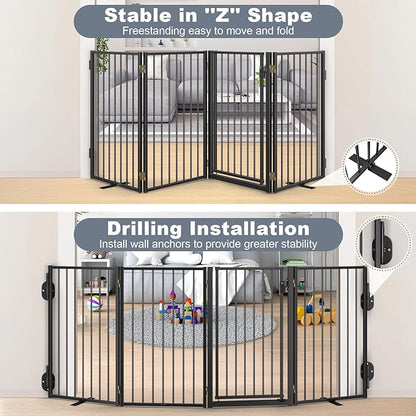 Metal Freestanding Dog Gates with Door for Outdoor Indoor,80'' Extra Wide 24'' Tall Free Standing Dog Gate for Doorways,Large Openings,Deck,Yard,Porch,Foldable Safety Pet Fence(Black,4 Panels)
